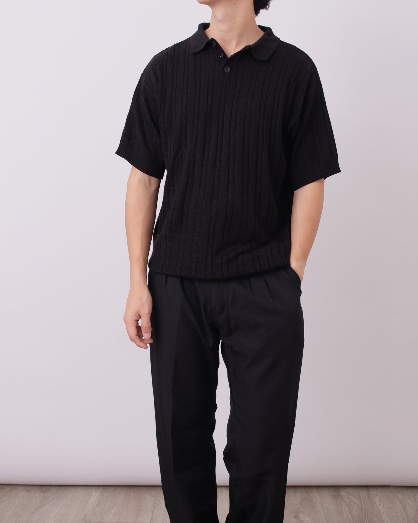 Cable Knit Polo Shirt Black